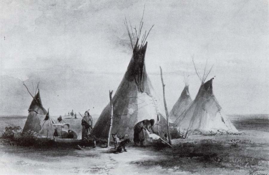 Karl Bodmer Lederzelte der Assiniboins nabe Fort